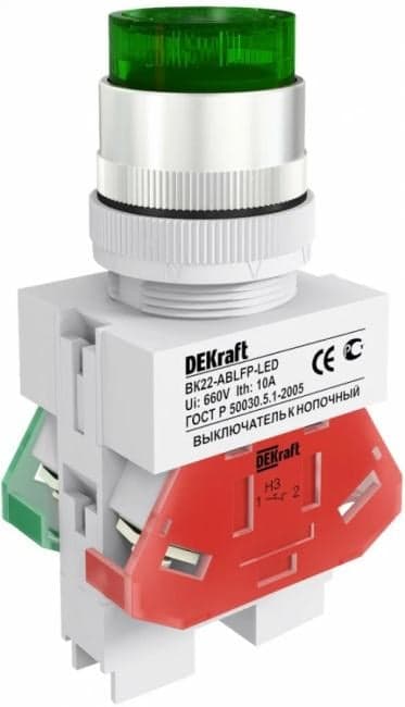 Выключатель кнопочный DEKraft ABLFP D=22мм LED 220В ВK-22 зеленый
